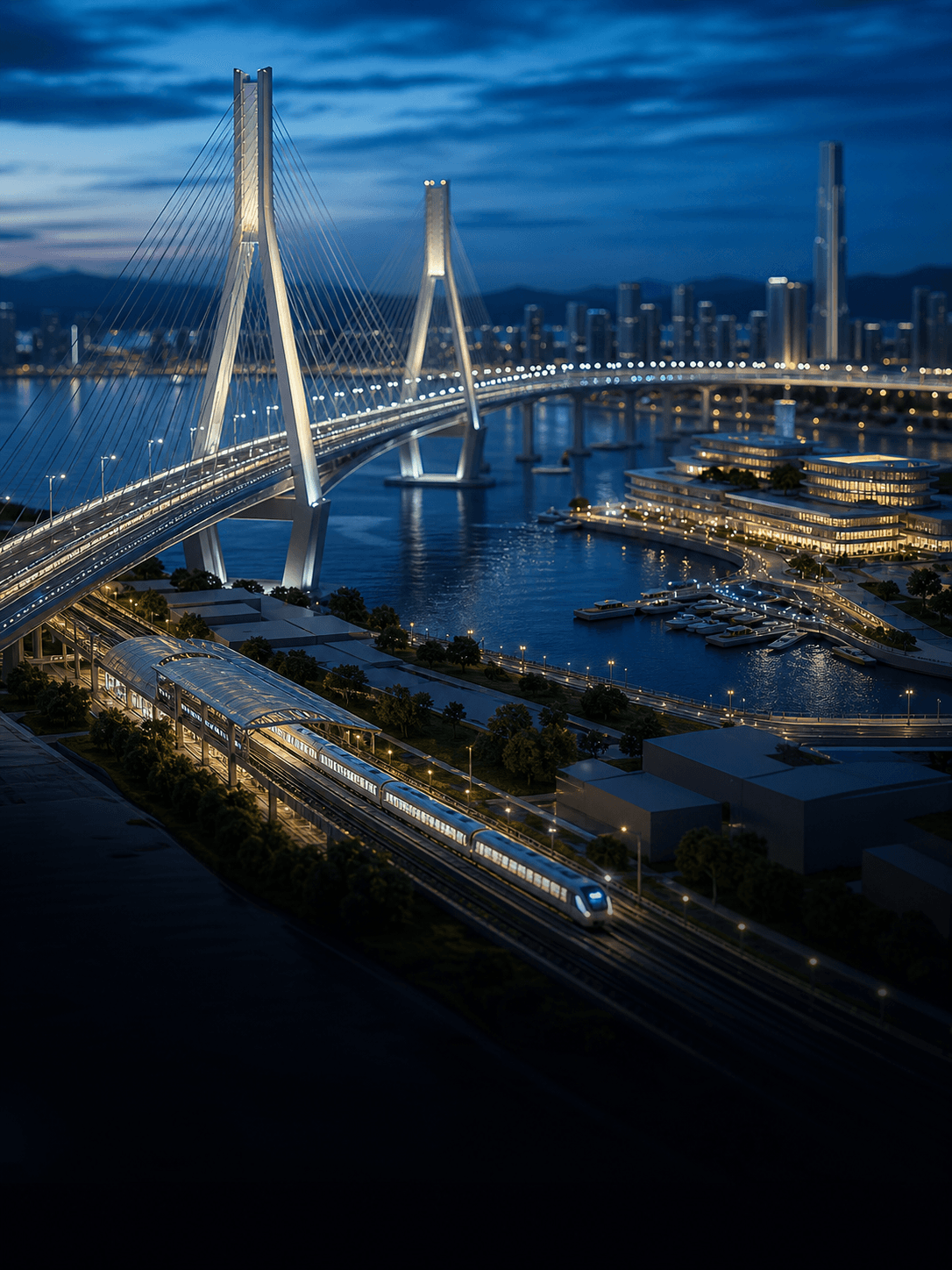 Illuminated transit, bridge, and waterfront infrastructure at dusk